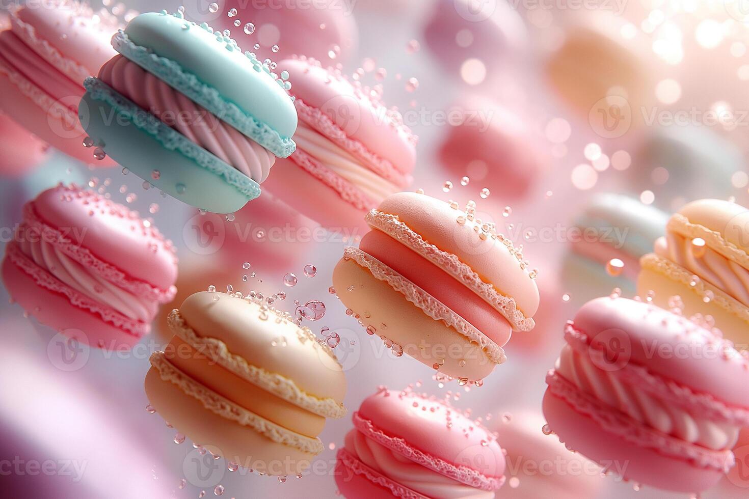 Colorful macarons float dreamily in a bubble-filled surreal dessert wonderland. photo