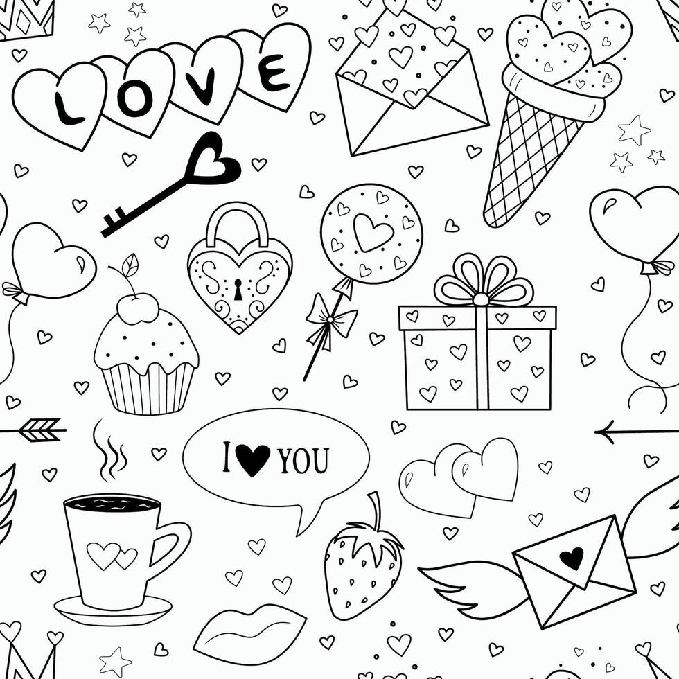 background for Valentine is Day. Seamless pattern with cute cartoon valentine accessories for printing on fabric, textiles, gift wrapping paper, for weddings. illustration vector