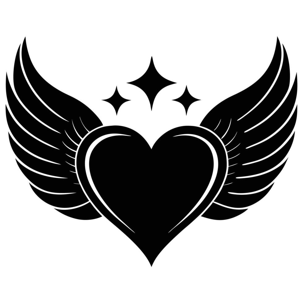 graphic design of a heart with stylized wings and stars. vector