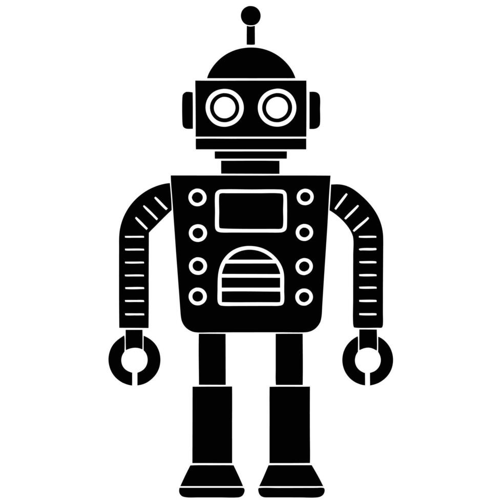 A stylized, black and white silhouette of a retro-style robot. vector