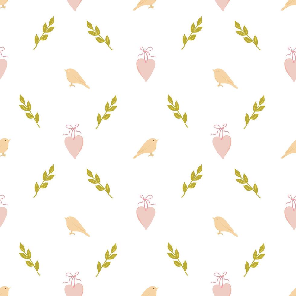 Seamless pattern with hearts, birds and twigs. Hand drawn seamless pattern for children design, decoration, cards vector