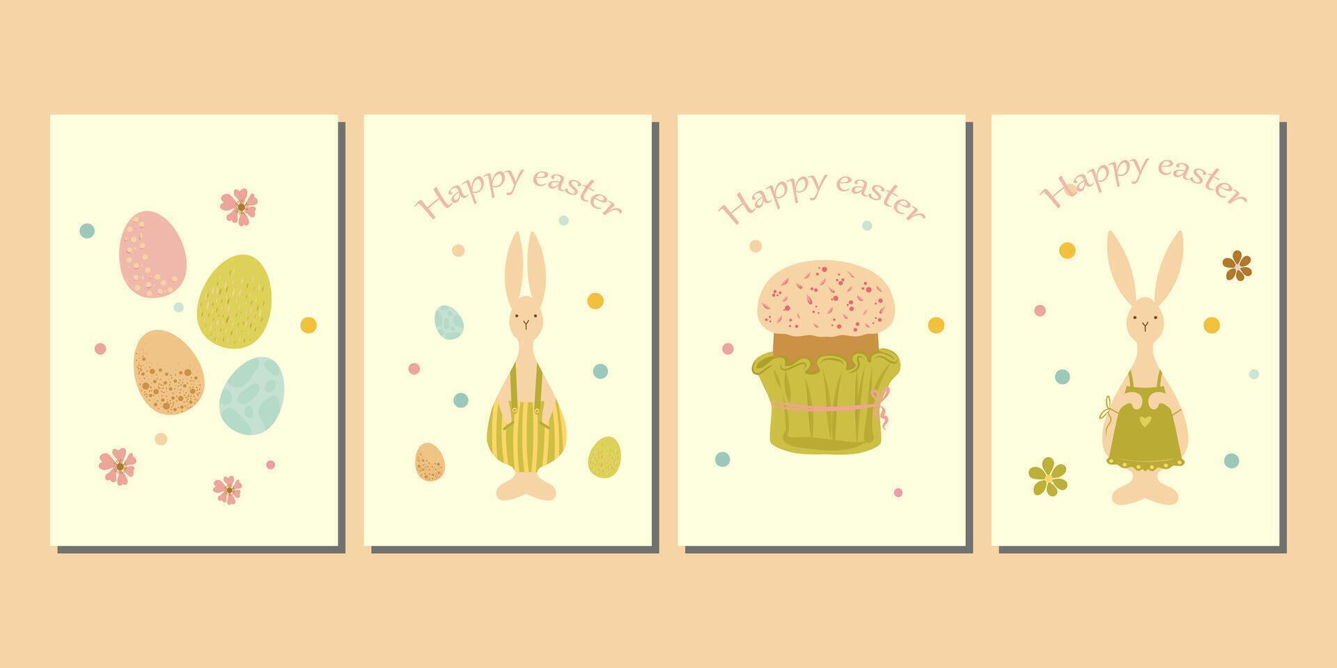 Happy Easter Set of 4 card, poster or banner templates in colorful style. illustration of cute Easter bunnies and easter eggs for celebration of the spring holiday vector