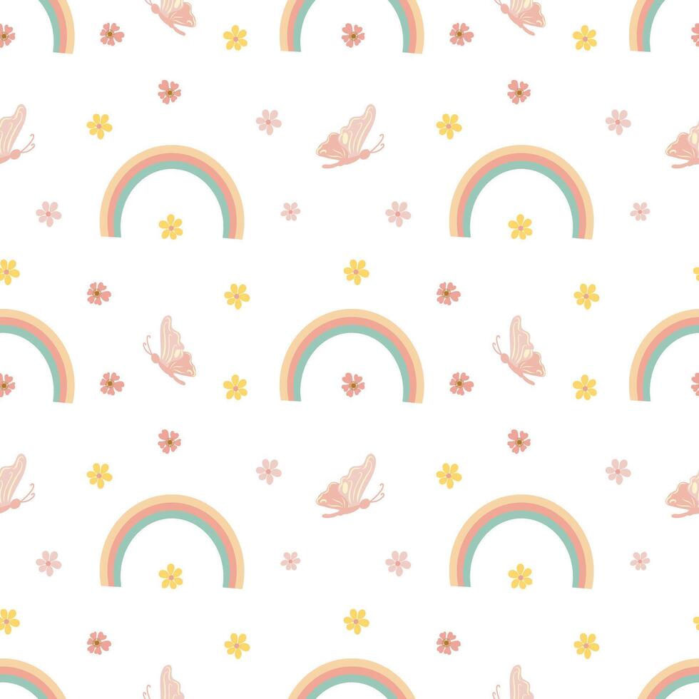 Seamless pattern with rainbow, butterflies and flowers. Hand drawn seamless pattern for children design, decoration, cards vector