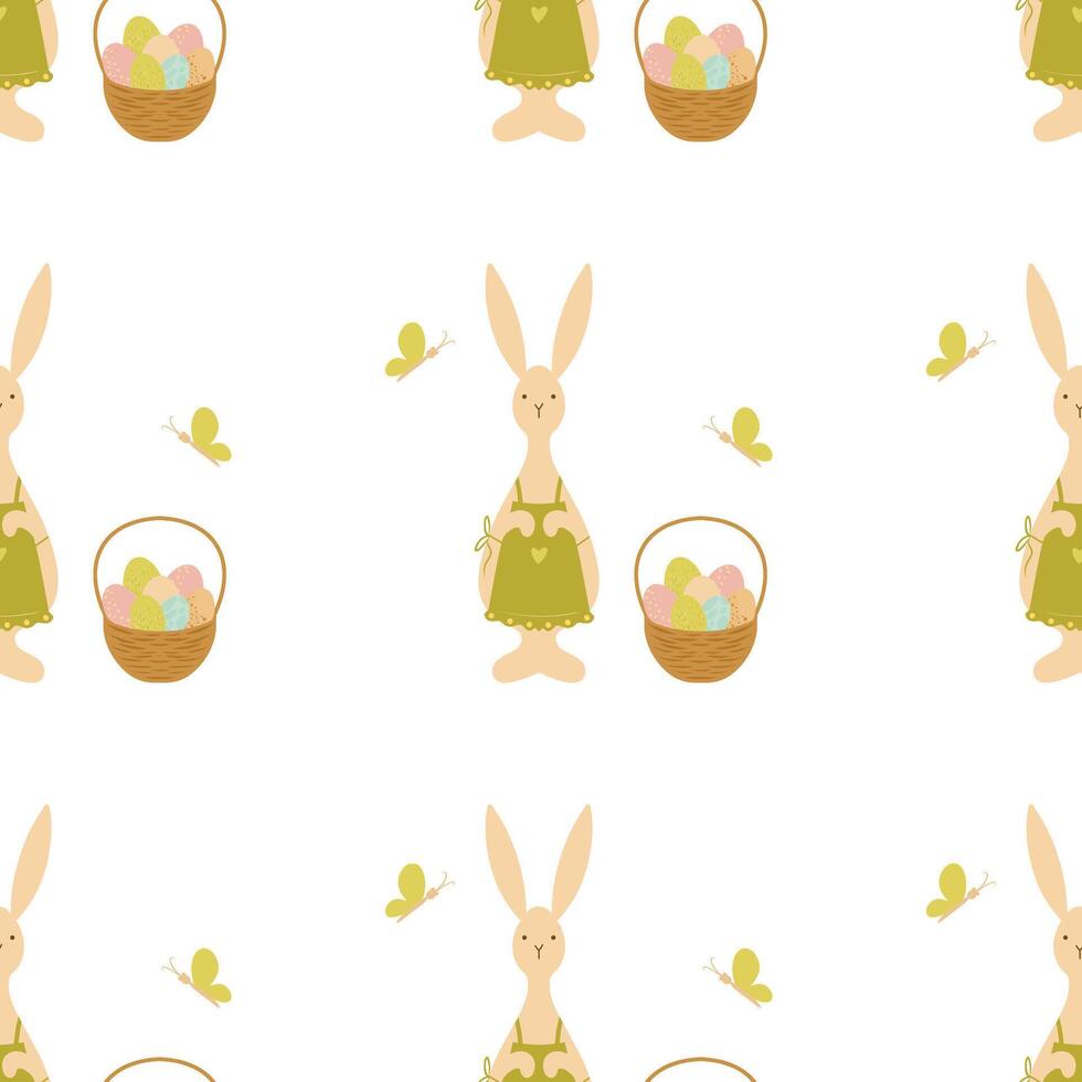 Seamless pattern Easter Bunny wearing an apron with a hamper and easter eggs, rabbit with a basket. Hand drawn seamless pattern for children design, decoration, cards vector