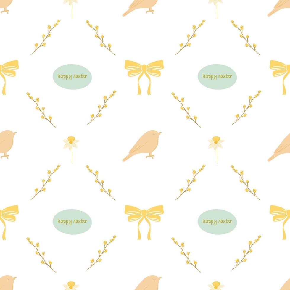 Happy easter seamless pattern, pattern with twigs, flowers, birds and tied bows. Hand drawn seamless pattern for children design, decoration, cards vector