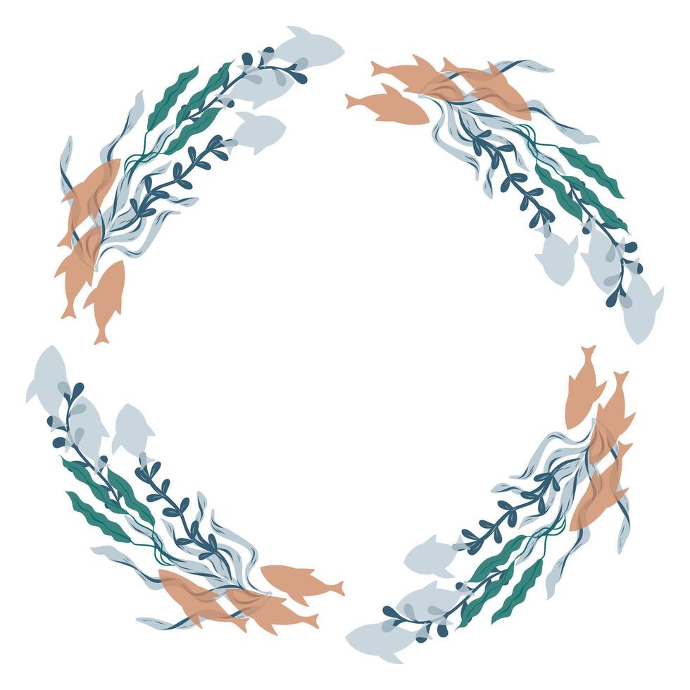 Wreath with school of fish and seaweed, algae vector