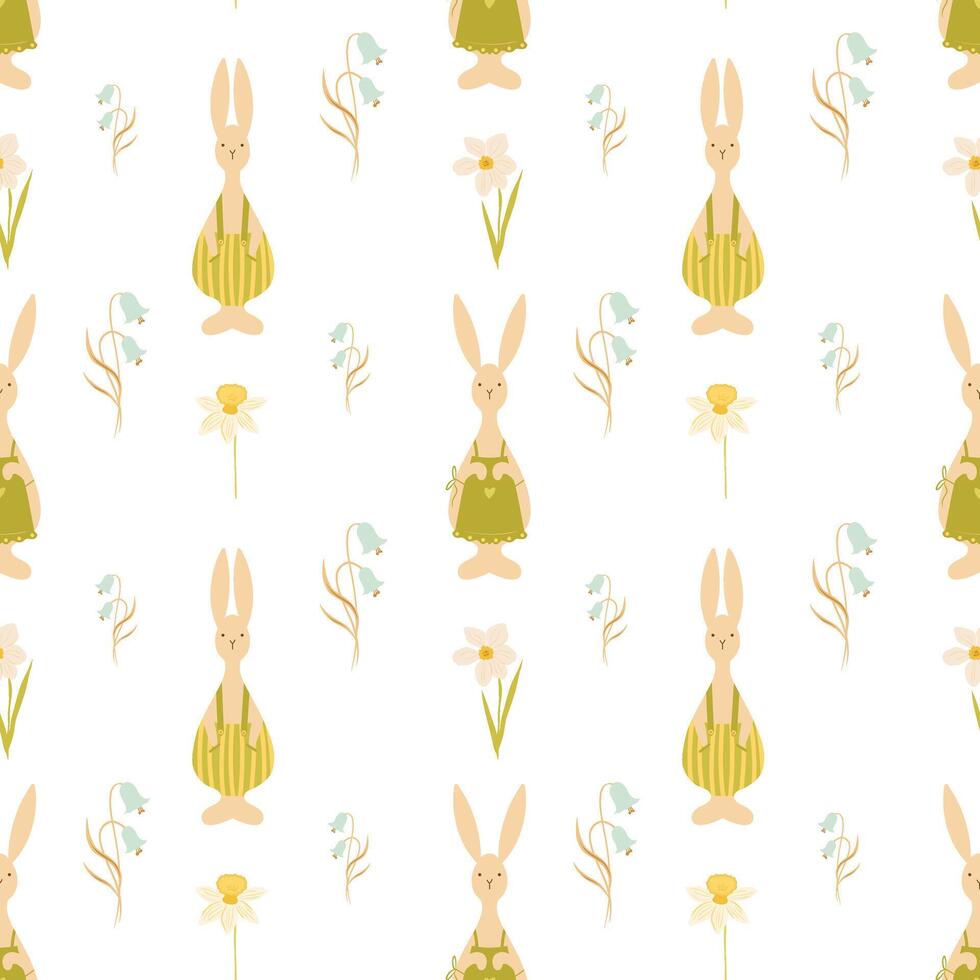 Hand drawn seamless pattern with bunnies and flowers, snowdrops, bluebell. Hand drawn seamless pattern for children design, decoration, cards vector