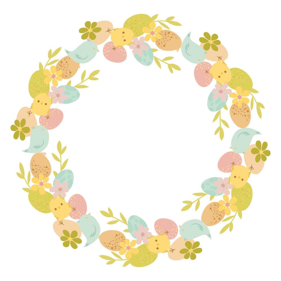Hand drawn Easter wreath, wreath with baby chicken and easter eggs vector