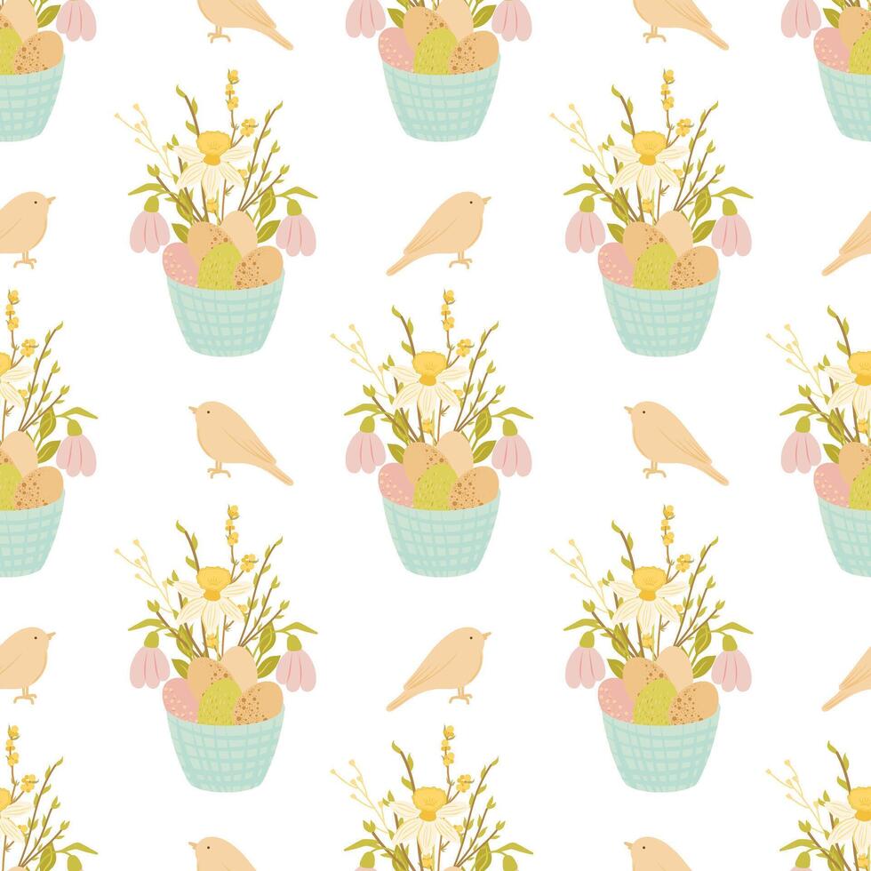 Easter seamless pattern, pattern with basket full of eggs and flowers, bird vector