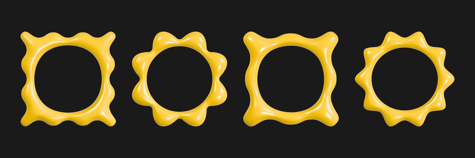 Set of inflated 3d wavy frames inspired by y2k aesthetics in vibrant yellow against a dark background showcasing a playful design vector
