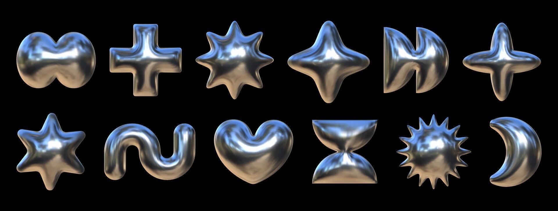 Unique collection of inflated figures featuring diverse creative shapes with a shiny metallic liquid texture displayed against a dark background vector