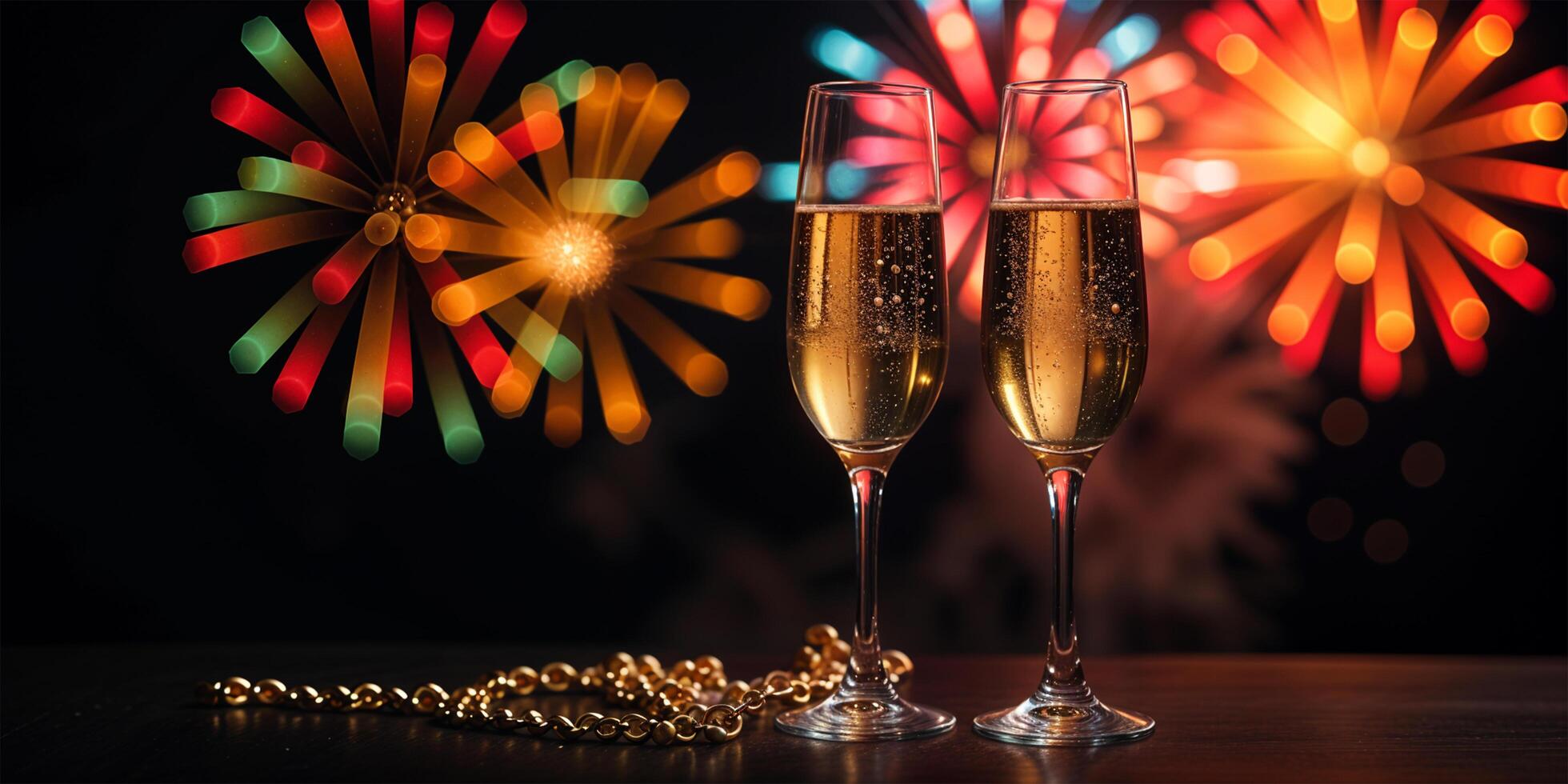 two champagne flutes with fireworks in the background photo