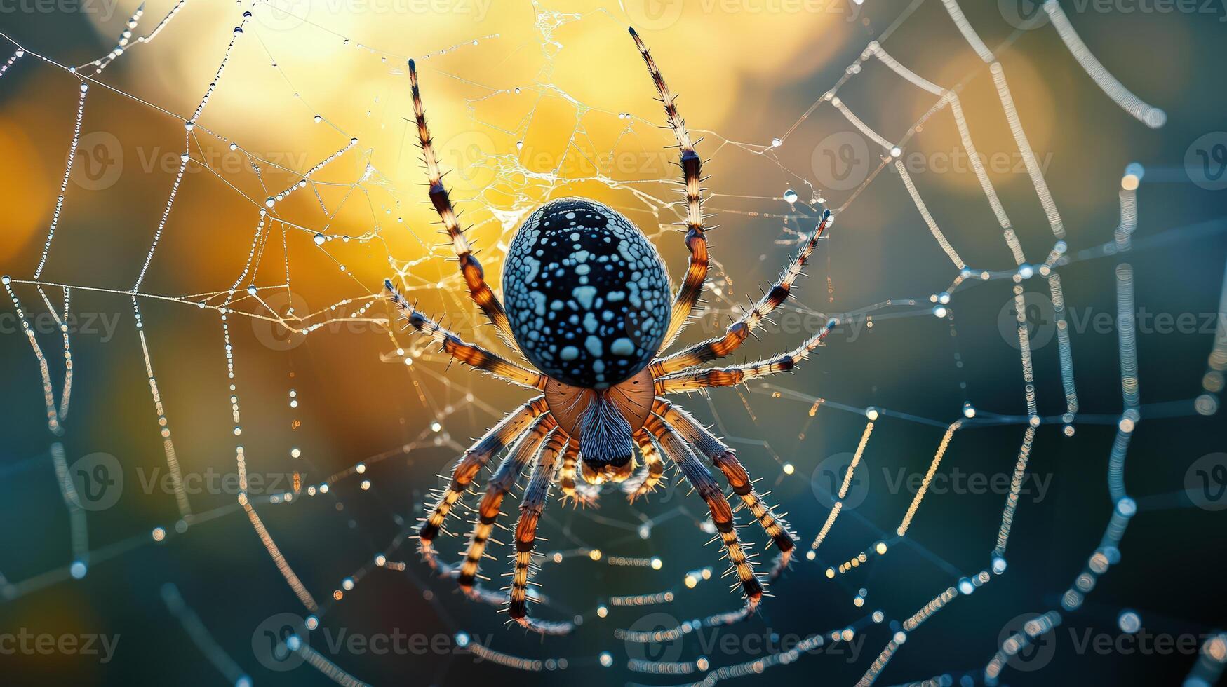 Spider creating its web, dew droplets glistening under early sunlight photo