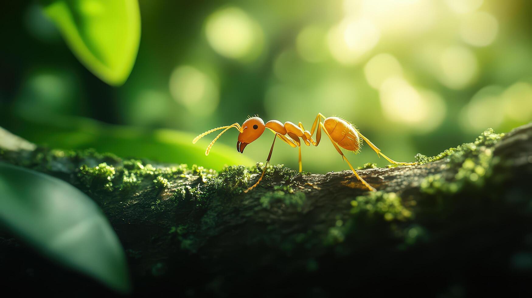 Close-up shot of an ant transporting food through lush forest photo