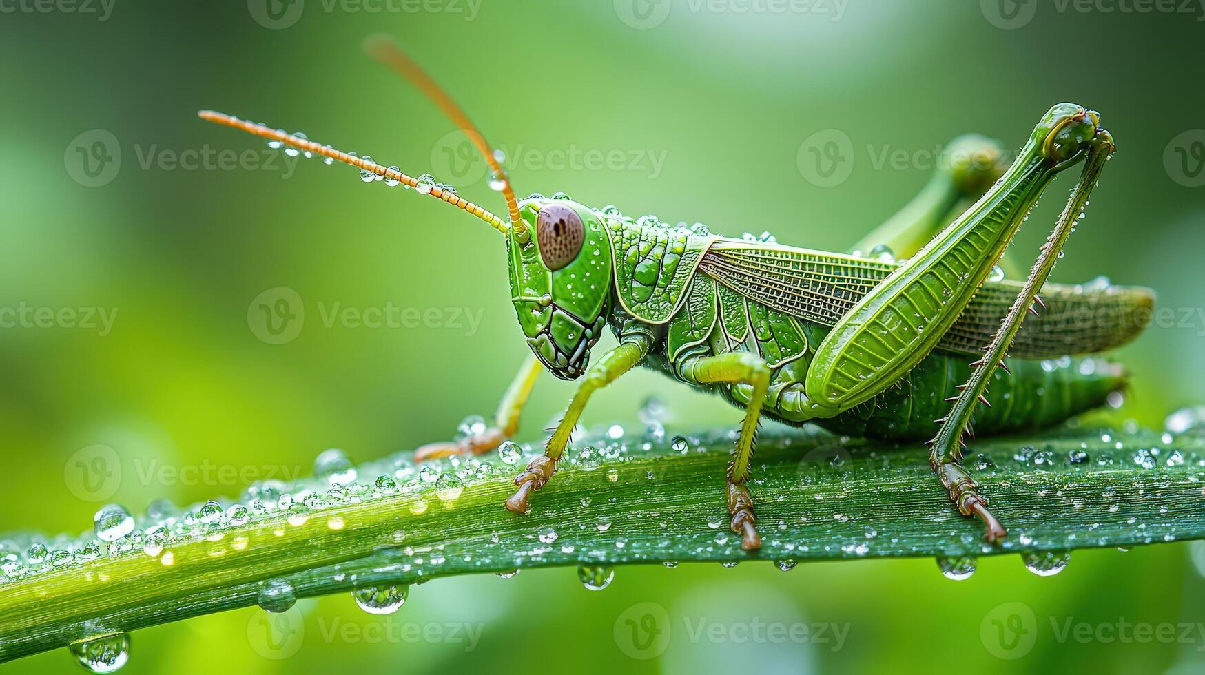 Green grasshopper resting on grass with droplets of water on body. photo