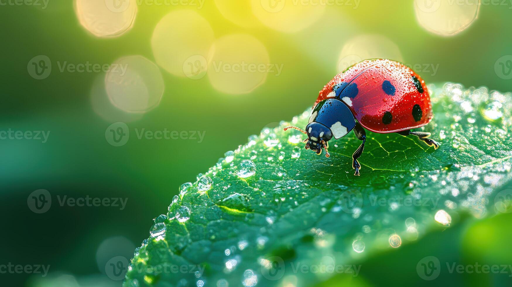 Ladybug crawling on leaf, bright red shell reflecting morning sunlight. photo