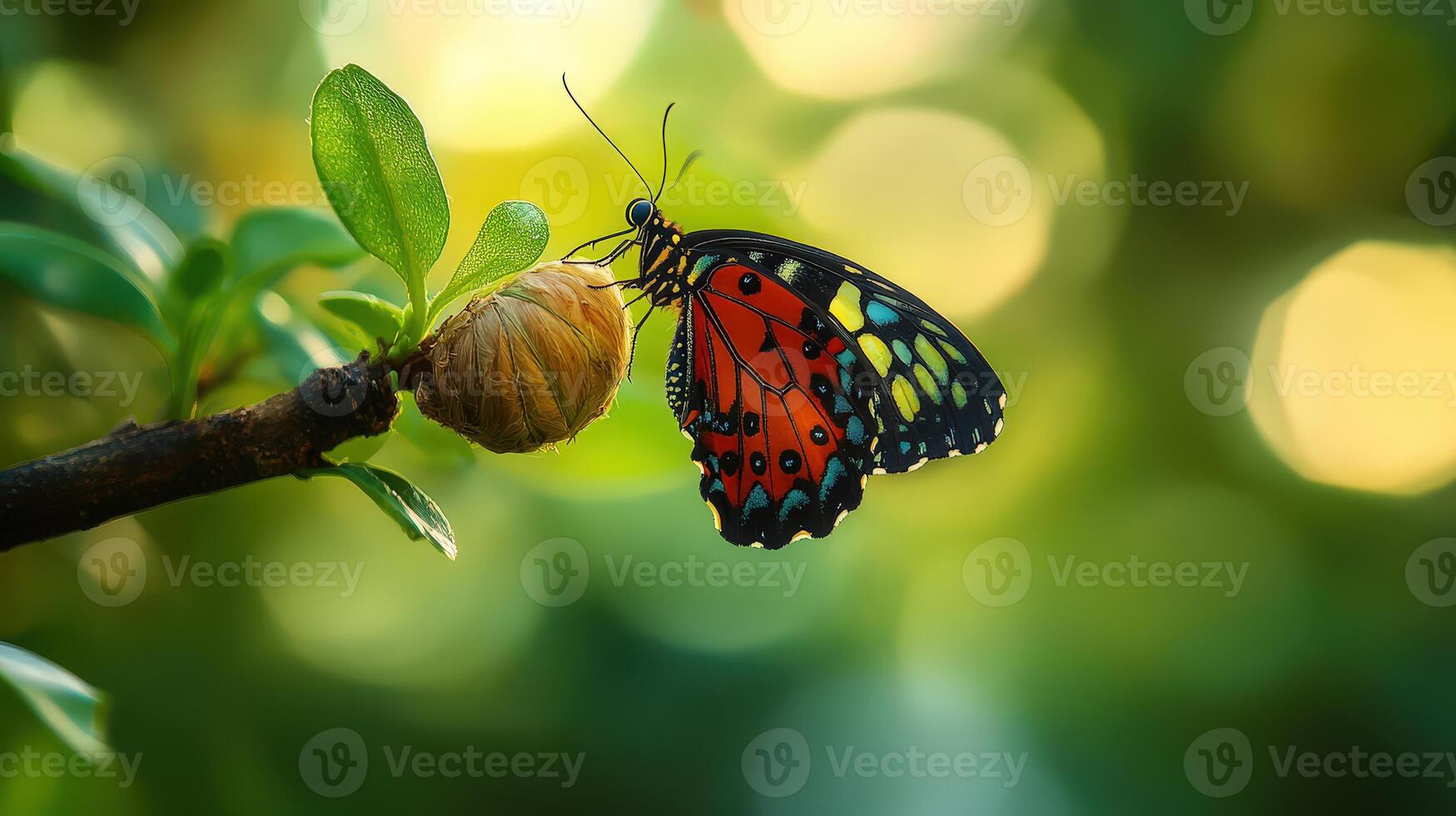 Butterfly leaving cocoon on branch, translucent wings, surrounded by nature photo