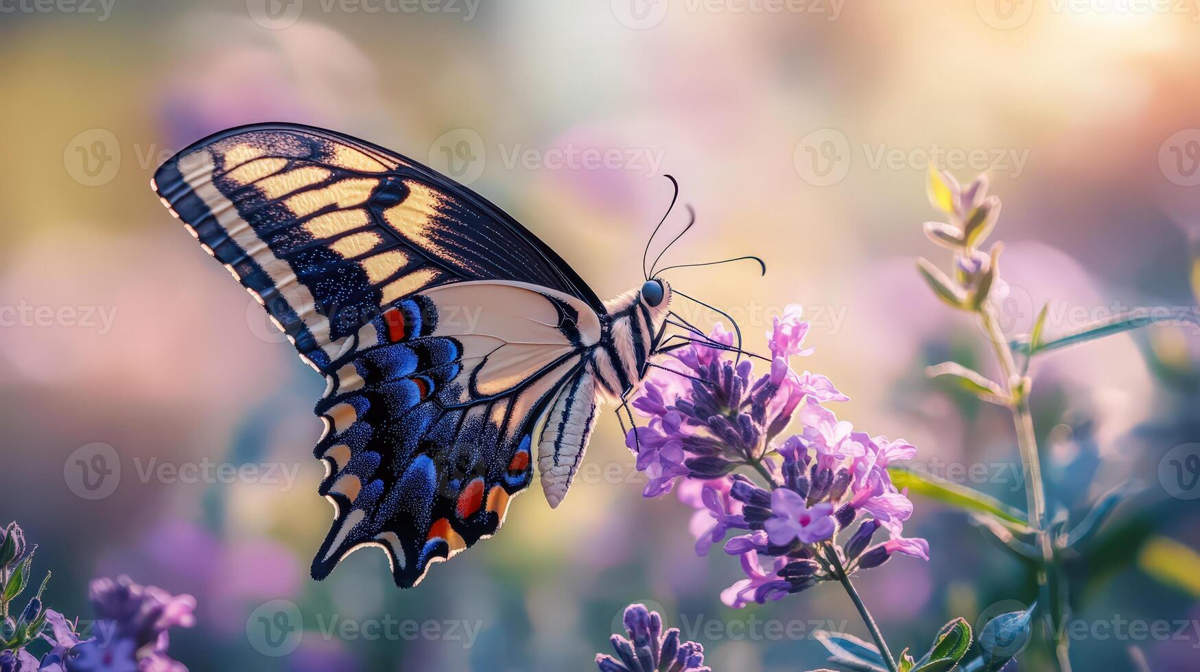 Close-up of swallowtail butterfly drinking nectar from vibrant purple bloom. photo