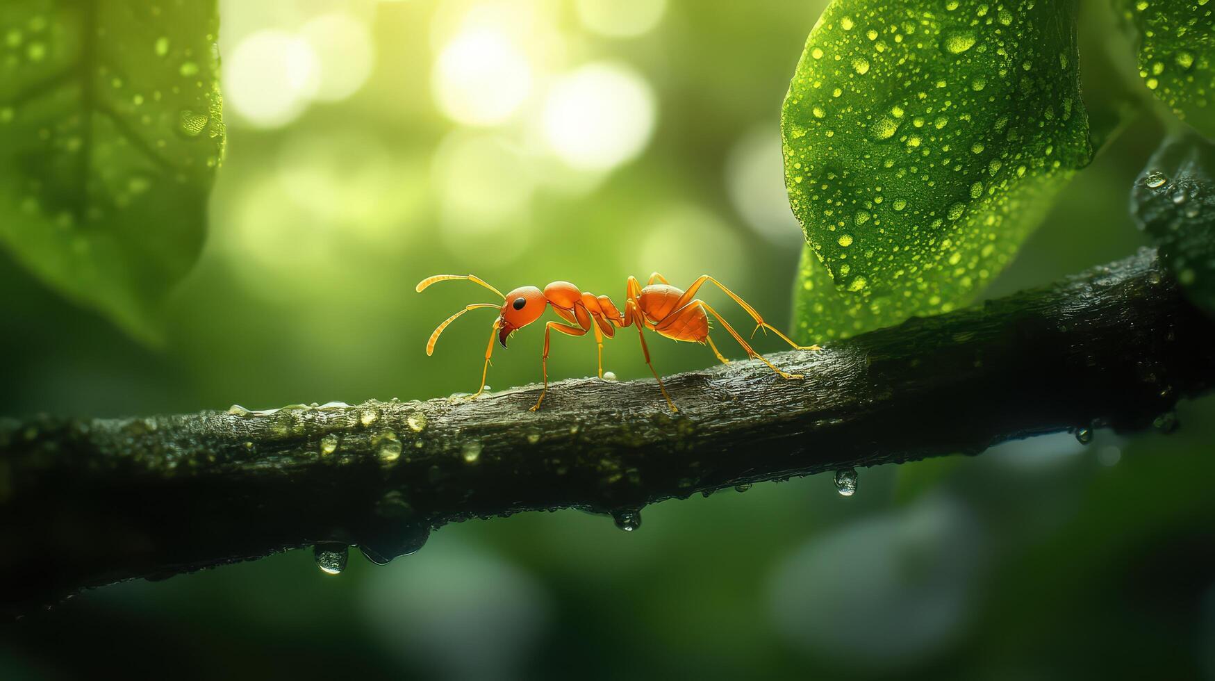 An ant with food walking along a tree branch in forest photo