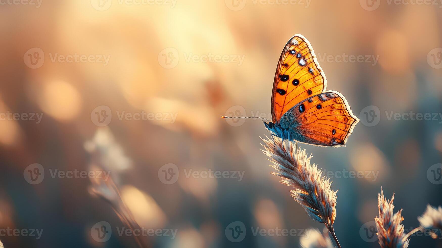 Orange butterfly resting on grass stalk, sunlight background effect. photo