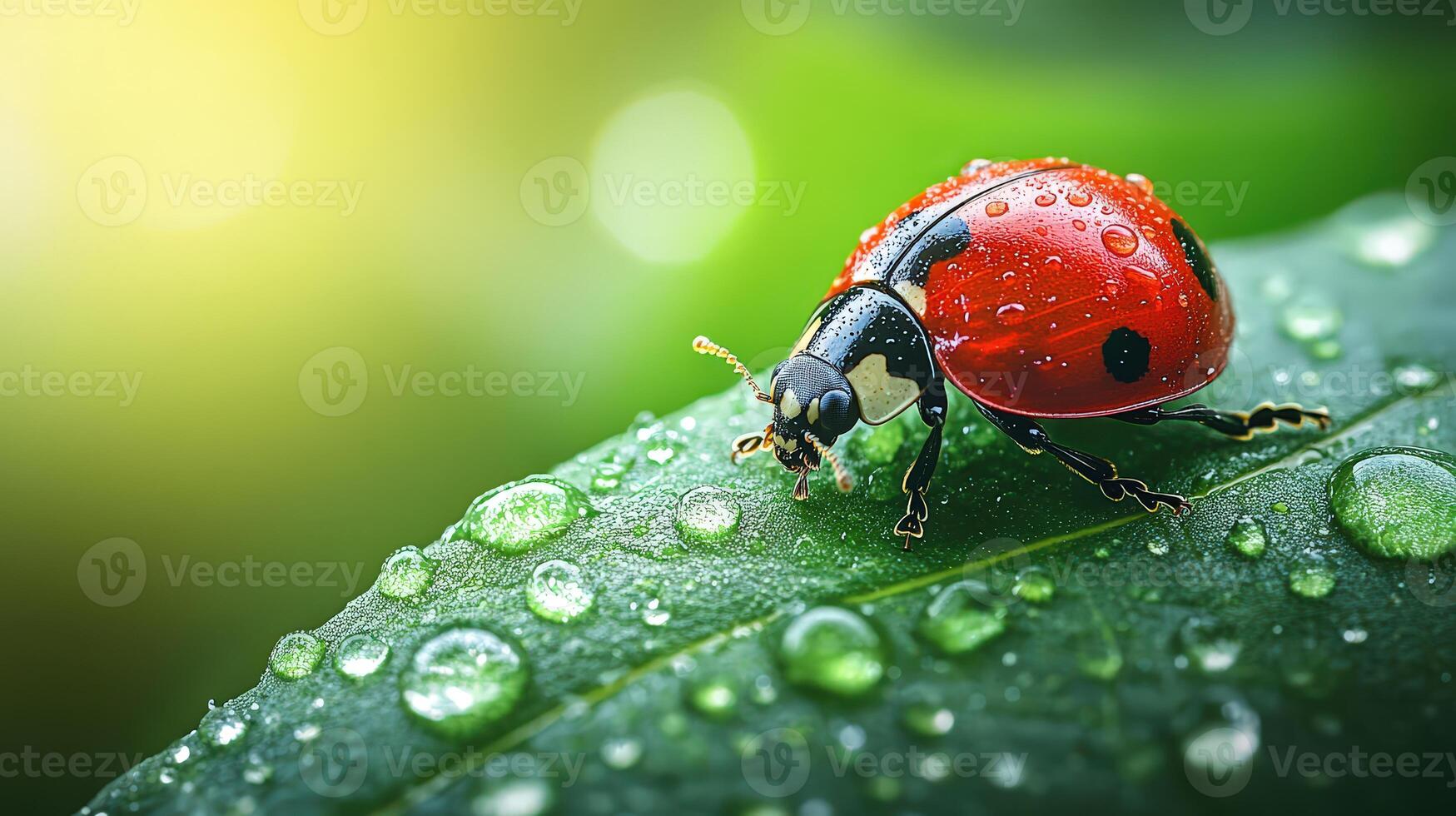 Close-up of ladybug on dewy leaf, sunlight highlighting red shell. photo