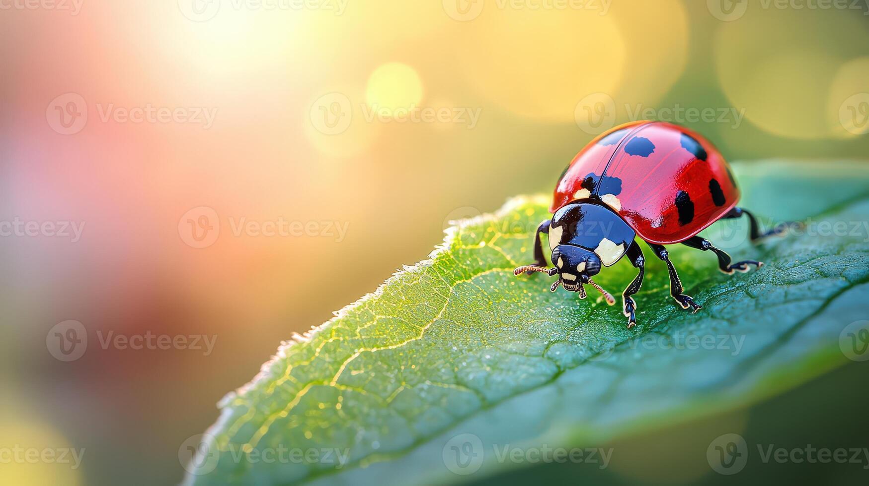 Ladybug crawling across a leaf edge, illuminated by soft sunlight photo