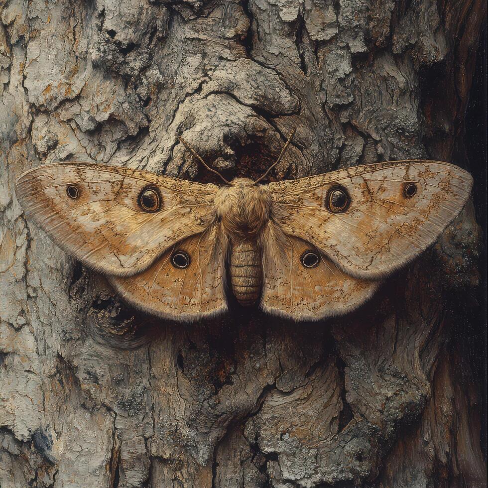 A large moth with soft, brown wings perched on a tree trunk photo