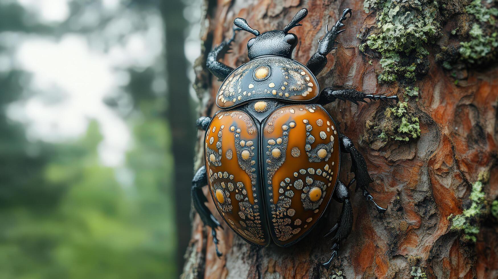 Beetle resting on tree bark, showcasing intricate shell patterns in nature. photo