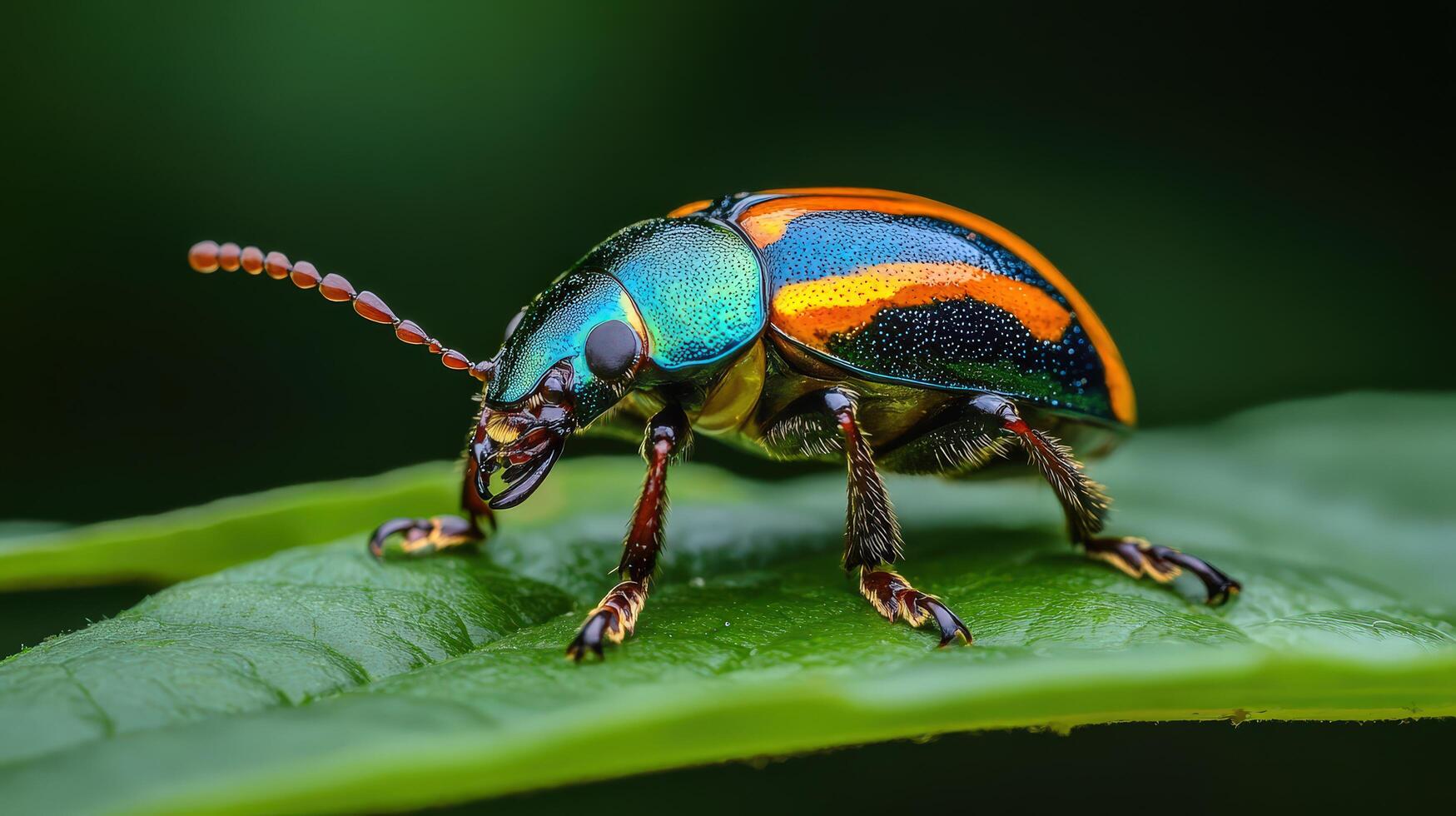 Vibrant beetle crawling on a green leaf with shiny shell photo