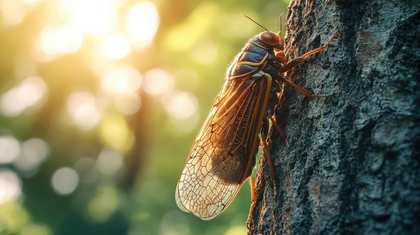 Close-up of cicada on rough tree bark under golden sunlight photo