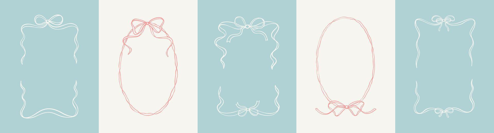 Cute hand drawn filigree bow ribbon frames. Spring pastel background. Gentle elegant wedding, boy and girl baby shower and birthday party invitation doodle design elements. Restaurant menu cover vector
