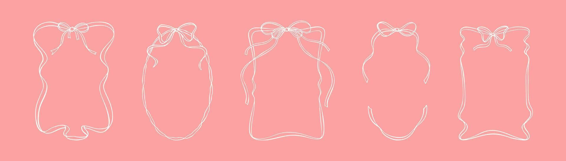 Set of coquettish whimsical wavy ribbon frames with cute bows. Hand drawn doodle rectangle and oval girly vertical vintage borders. Valentines day, Christmas, birthday aesthetic design elements vector