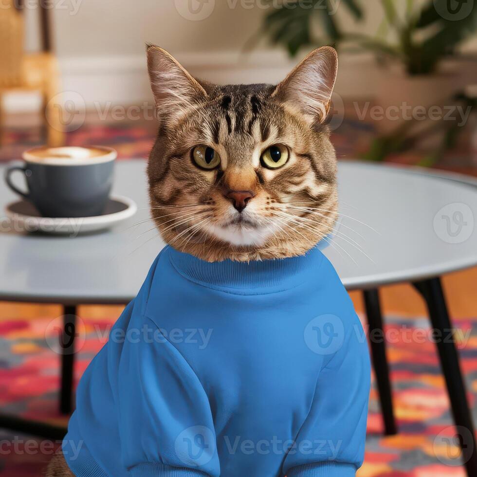 Portrait of a tabby cat in a blue hoodie with a cup of coffee photo