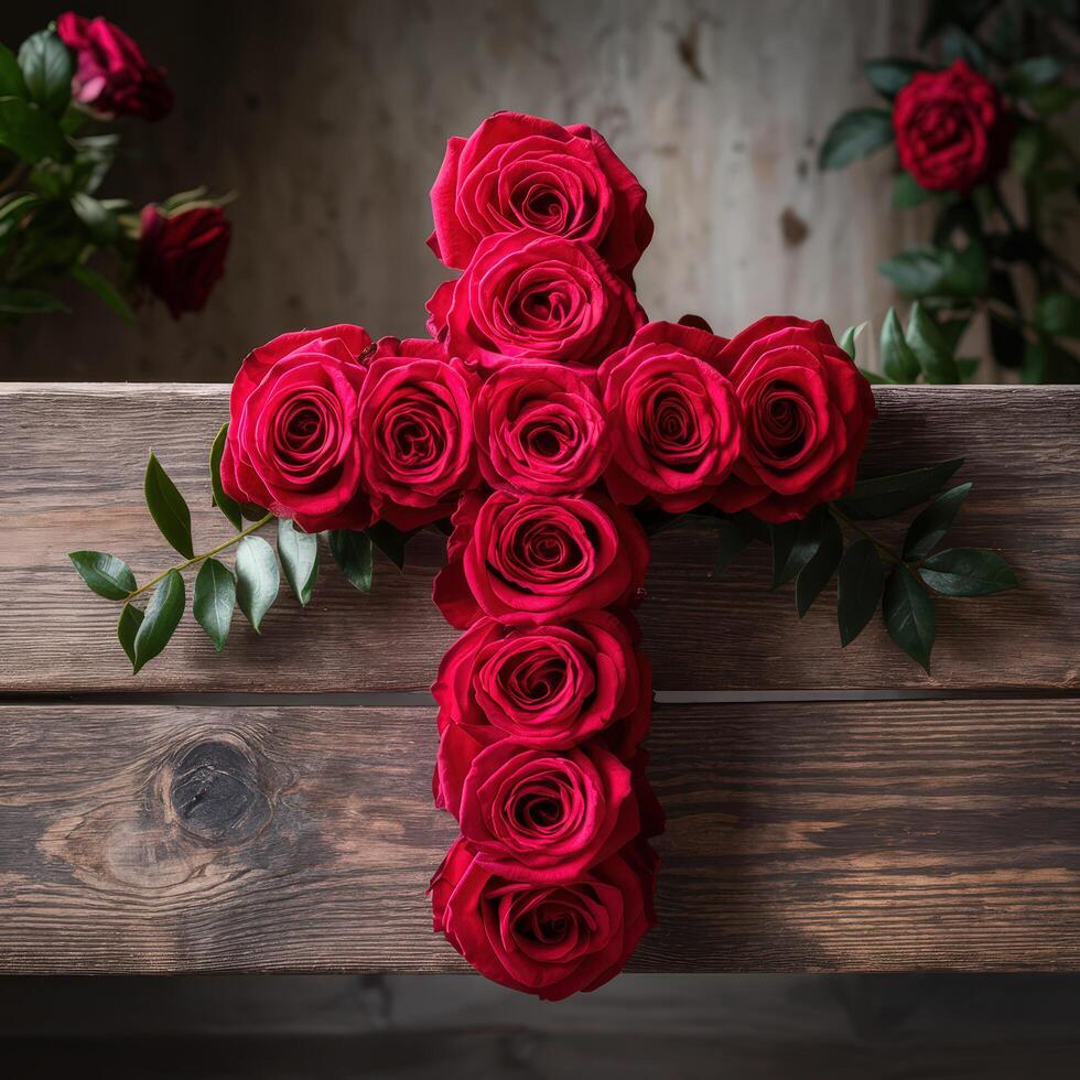 Bouquet of red roses on a wooden background with a cross photo