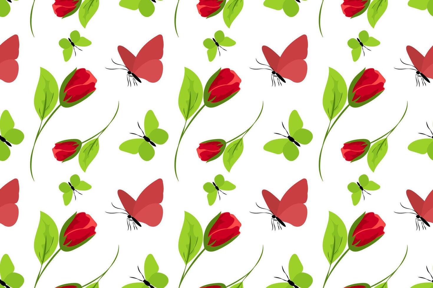 Seamless floral pattern featuring red tulips, green leaves, and colorful butterflies on a light background vector