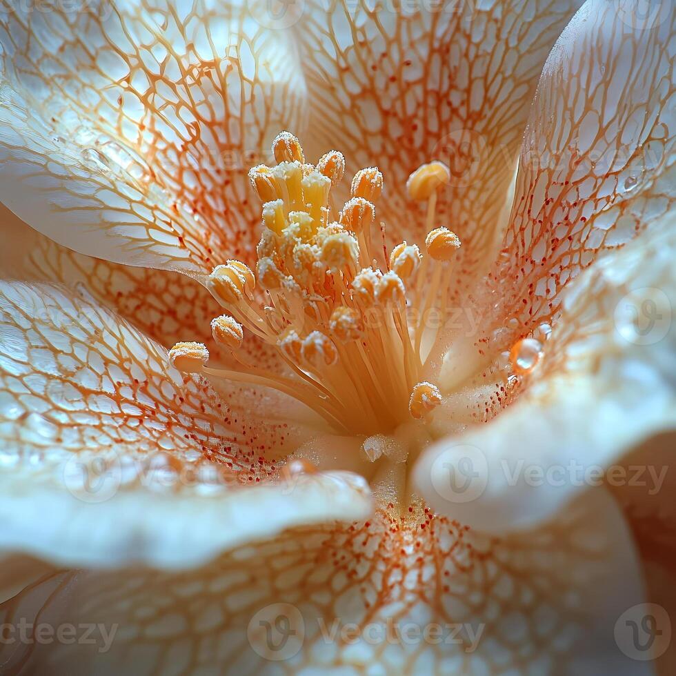 Camellia flower showing stunning stigma and stamens with pollen photo