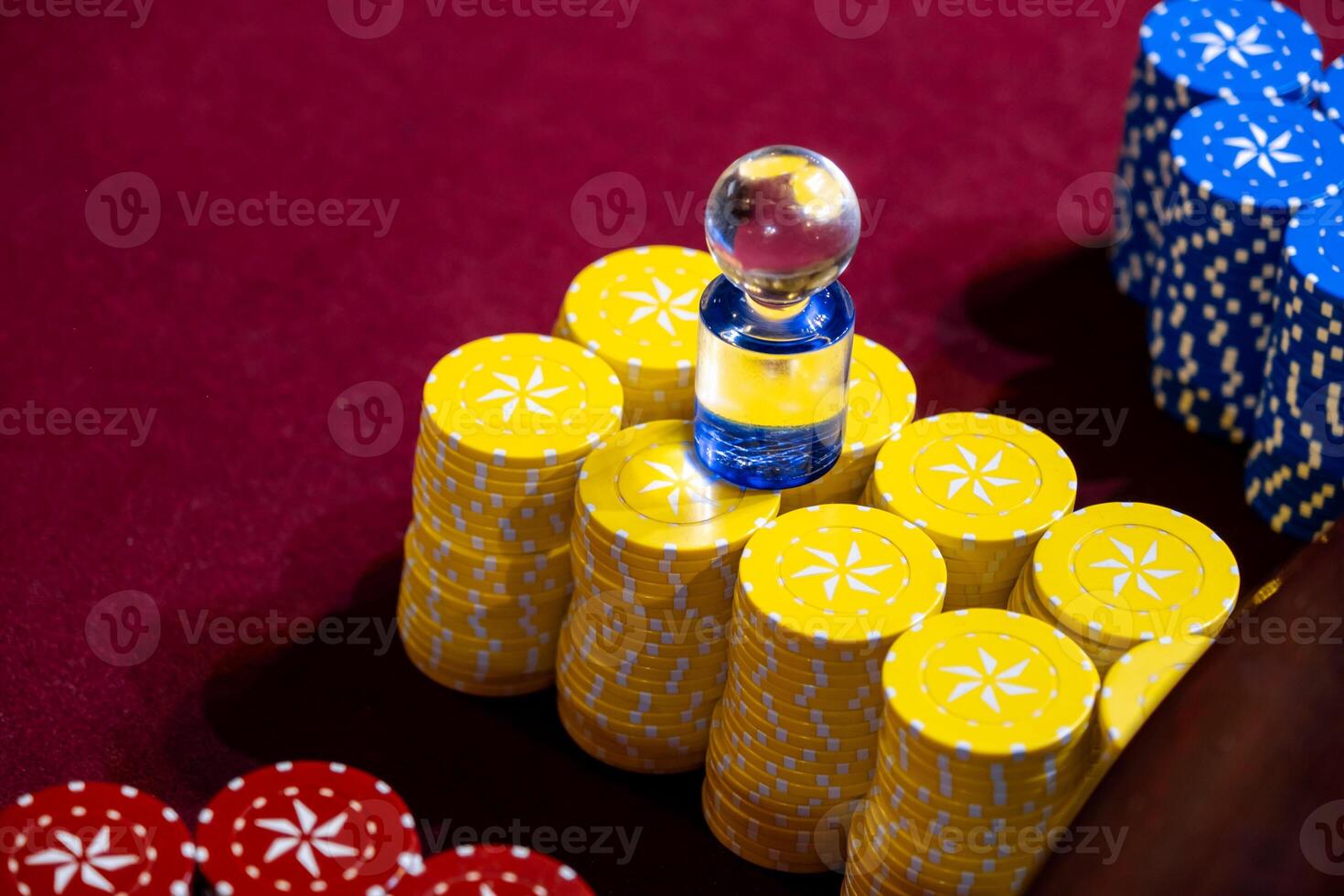 Roulette table close up at the Casino. Casino roulette table with chips. Wheel of fortune. Roulette. Gambling game. photo