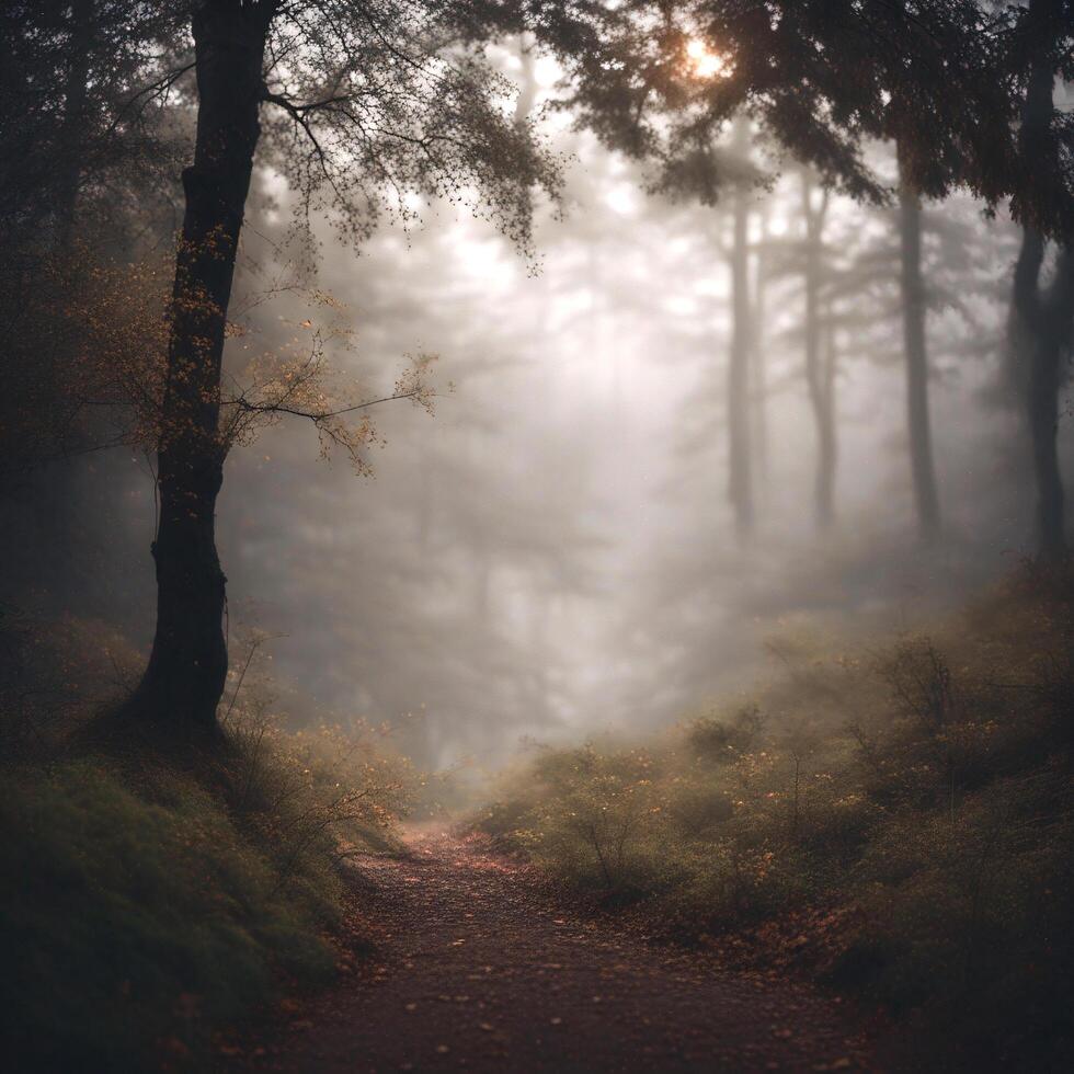 A path through the woods with trees and fog photo
