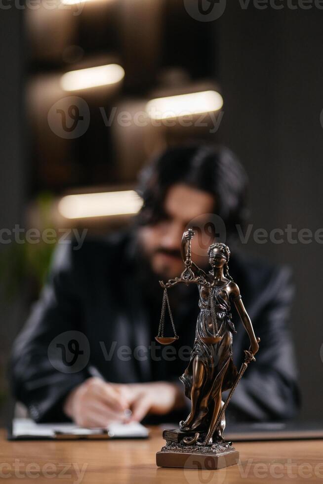 Mature caucasian businessman Lawyer signing legal documents, reading the statute of limitations, tax and legal services firms at office. Justice and Law Trial concept. Vertical shot photo
