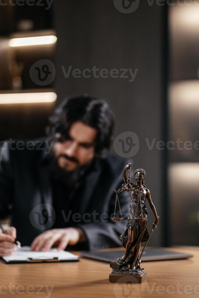 Mature businessman Lawyer signing legal documents, reading the statute of limitations, tax and legal services firms at office. Justice and Law Trial concept. Vertical photo