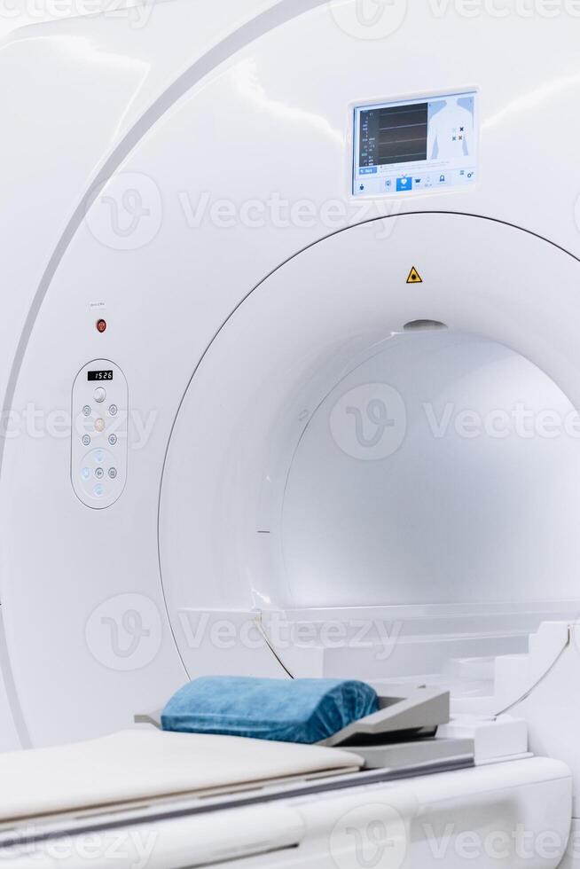 Shoot without people. Close-up of steryl tomography room. Medical equipment for MRI. Scanning capsule for magnetic resonance imaging sexamination. Advertising photo