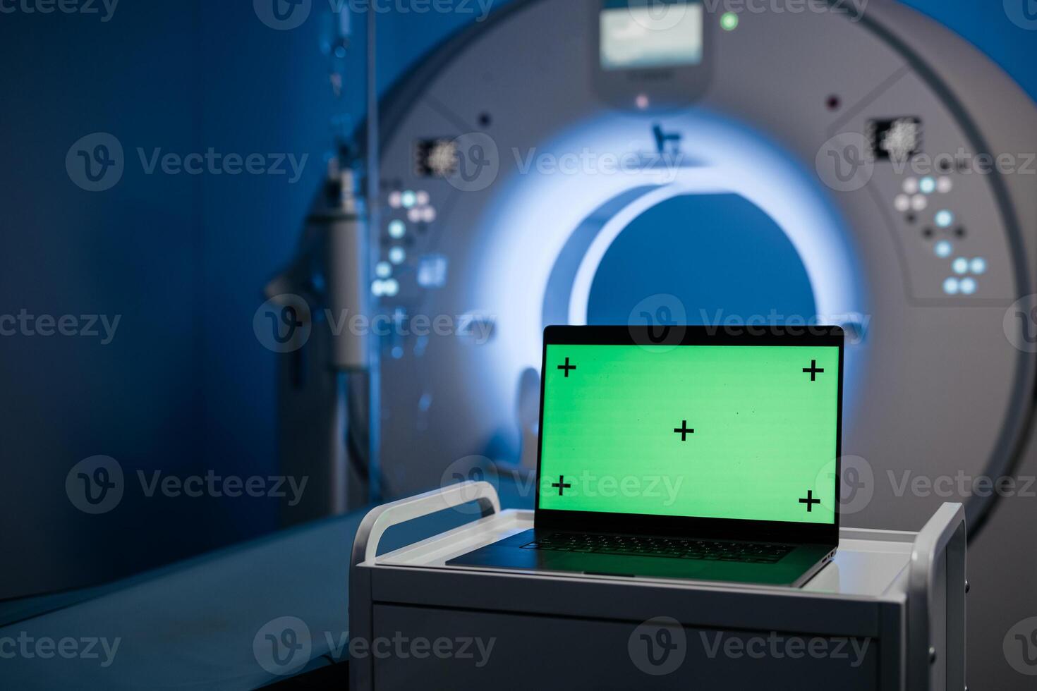 Computed tomography scan, green mock-up on laptop. Medical research environment software with CT scan results. AI artificial intelligence medical diagnosis concept photo