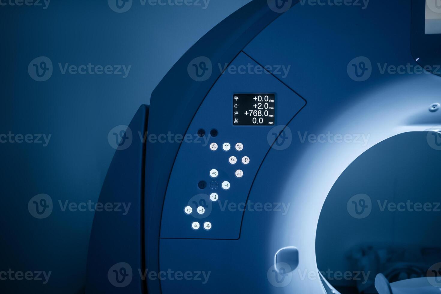 View of steryl tomography room. Medical equipment for MRI, CT. Scanning capsule for computer tomography imaging examination. Modernly equipped CT room. Shoot without people. Advertising photo