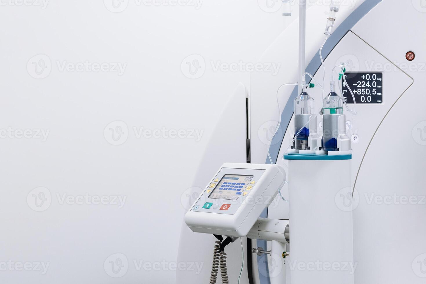 Close-up of a contrast agent before diagnostics in a CT room. The concept of using innovative technologies for accurate vascular examinations. Medicine concept, free copy space, banner, advertising photo
