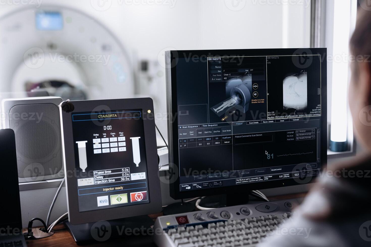 Young woman doctor, healthcare professional using computer, look at device screen, reviewing patient records, analyze medical x-rays images, diagnosis, planning treatment options photo