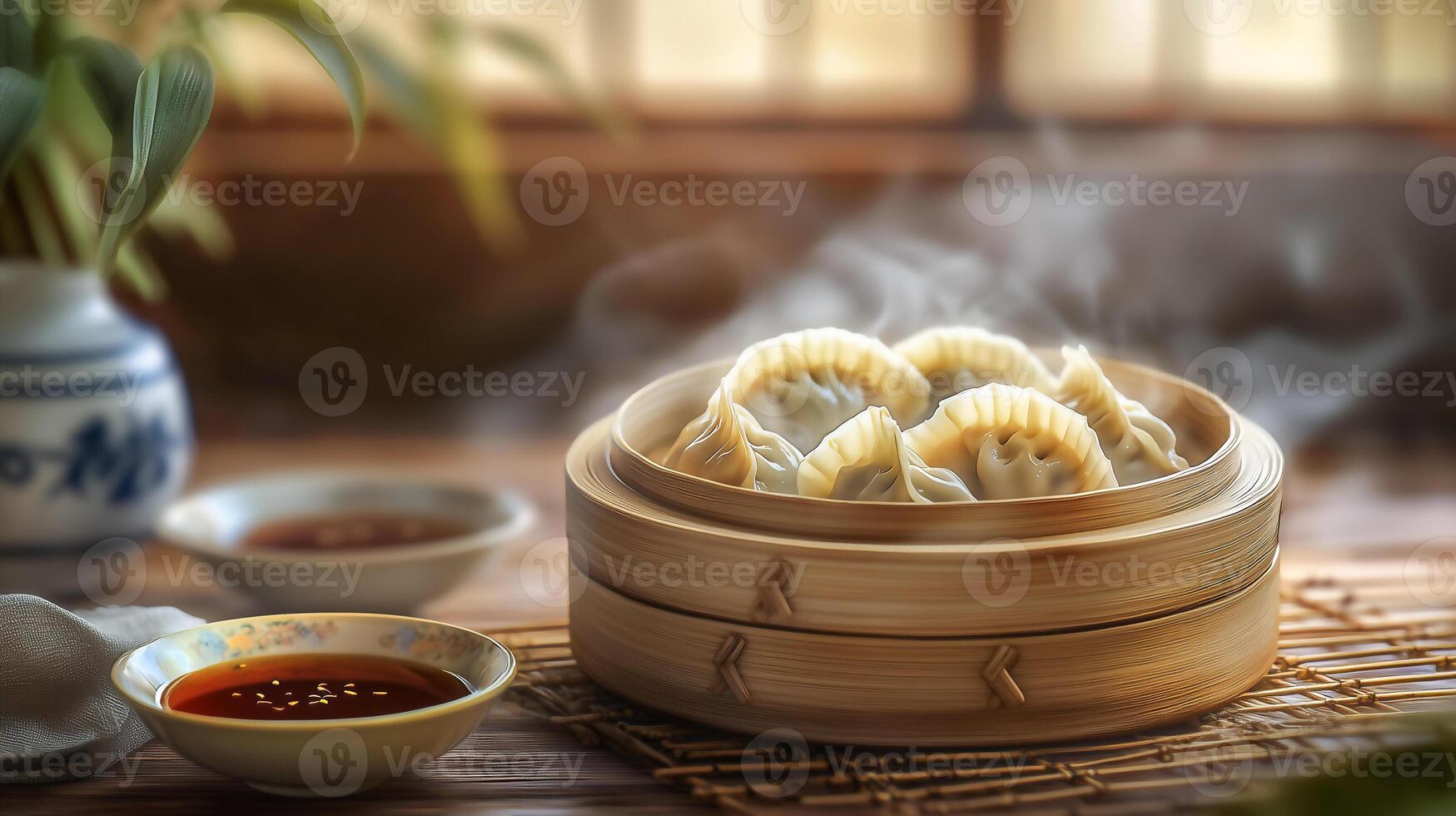 Dumplings in a bamboo steamer served with dipping sauces in a cozy setting photo
