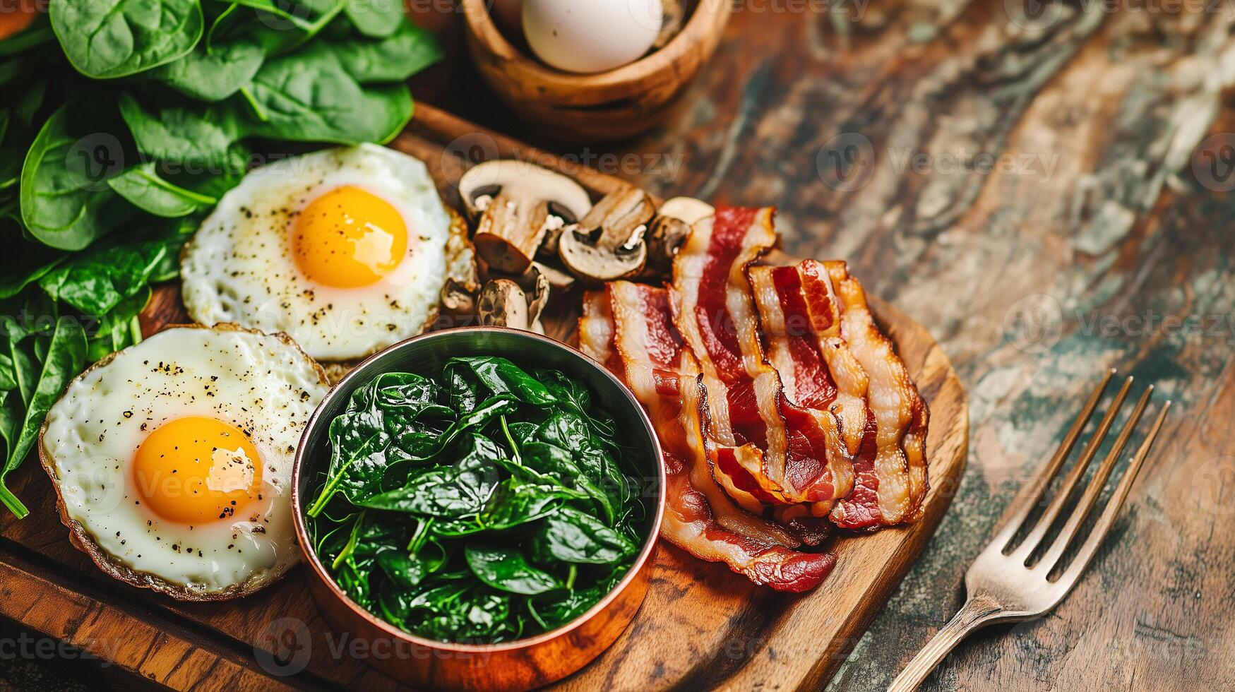 Delicious breakfast spread featuring eggs, bacon, spinach, and mushrooms on a rustic wooden board photo