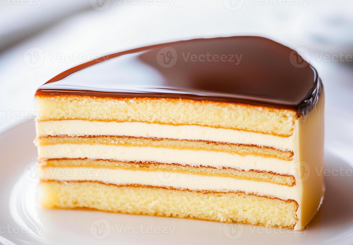 Layers of creamy dessert with glossy chocolate topping served on a white plate photo