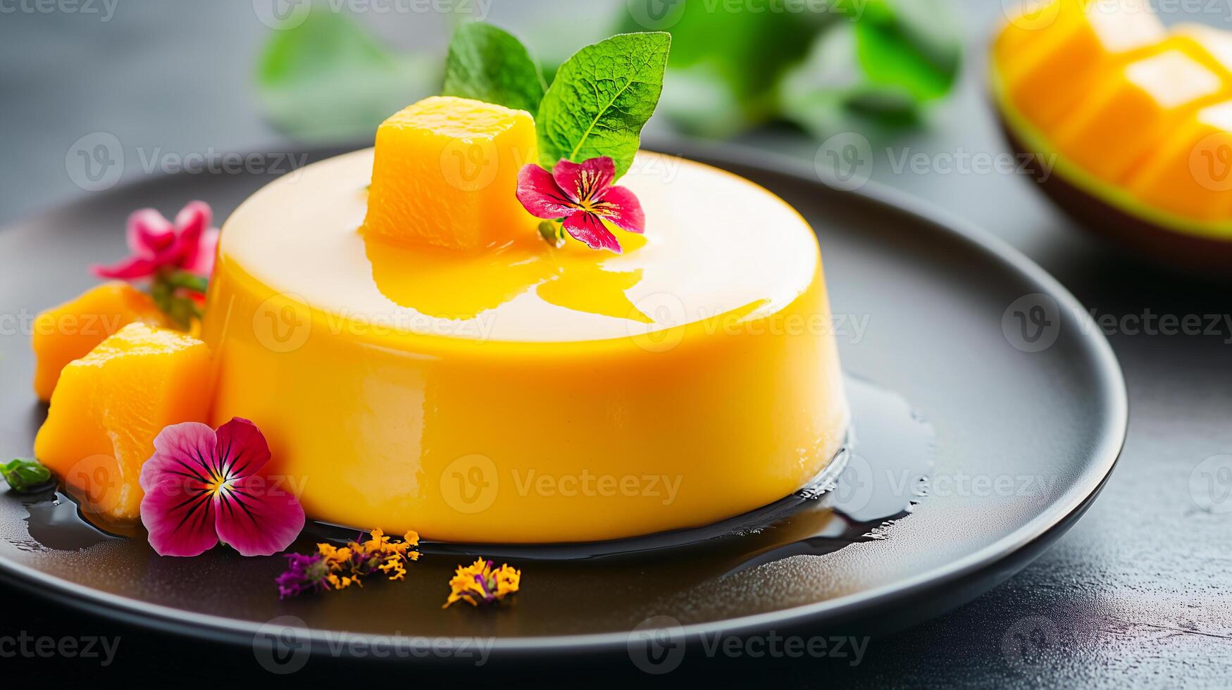 Delicious mango mousse dessert garnished with fresh mint and edible flowers on a dark plate photo