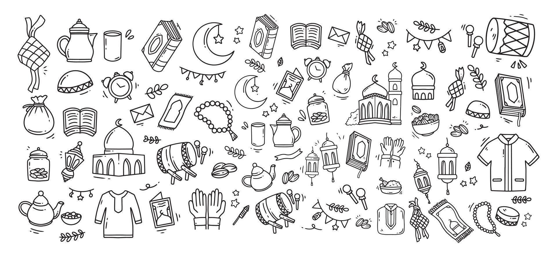 Set of doodle element related to Eid Mubarak and Ramadan. Set of hand drawn symbols and icons for holy Muslim festival Eid ul-Fitr vector